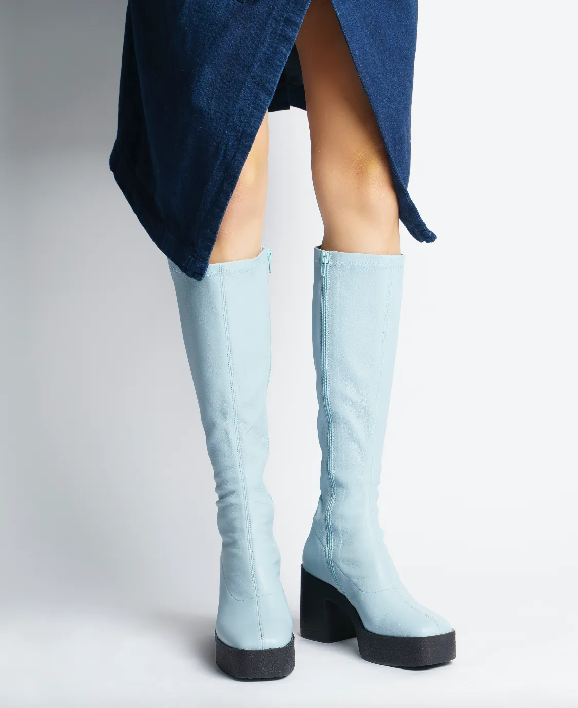 Izumi Pastel Blue Stretch Leather Chunky Boots