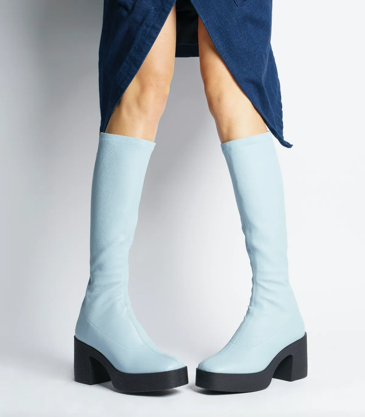 Izumi Pastel Blue Stretch Leather Chunky Boots