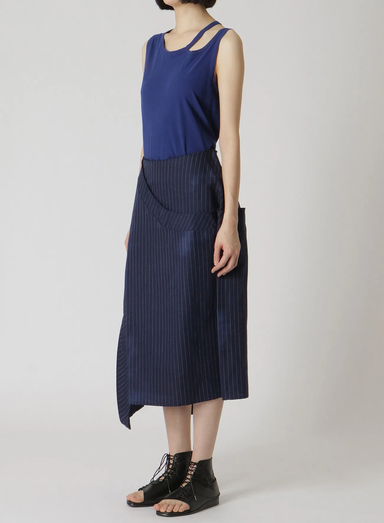 LINEN/COTTON PIN-STRIPED UNEVENLY DYED FLARED SKIRT