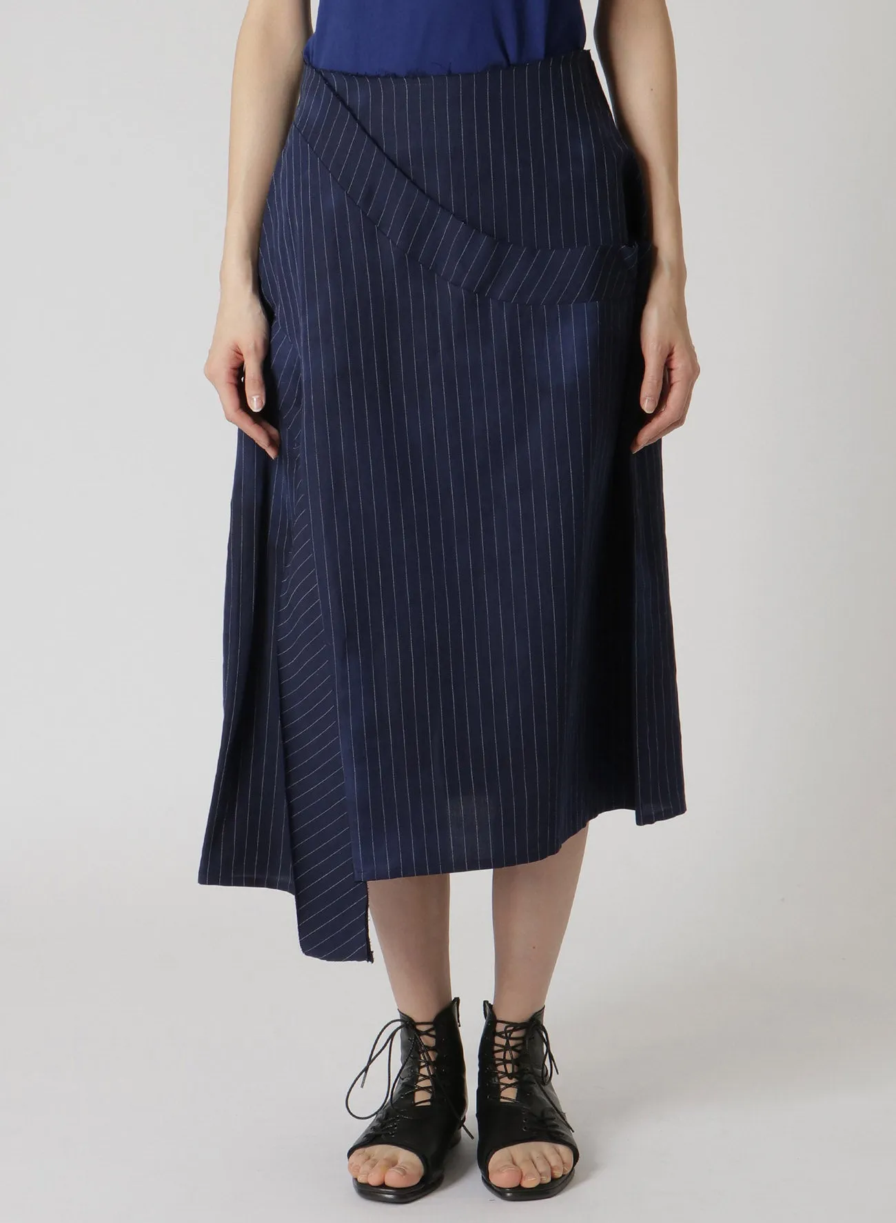 LINEN/COTTON PIN-STRIPED UNEVENLY DYED FLARED SKIRT