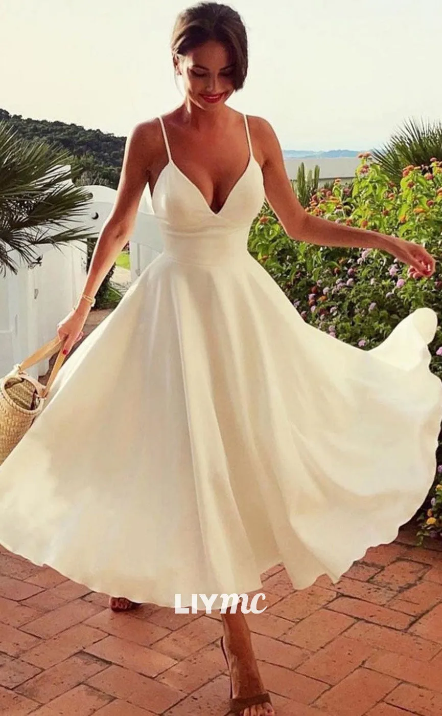 LP1891 - A-line V-Neck Spaghetti Straps Vintage Sleek Satin White Prom Dresses