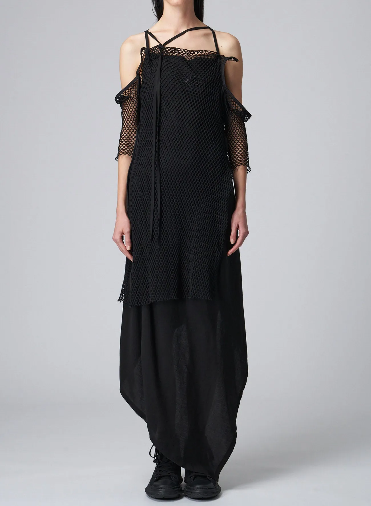 LYOCEL/CUPRO GABARDINE CAMISOLE STRAP DRESS WITH NET DETAIL