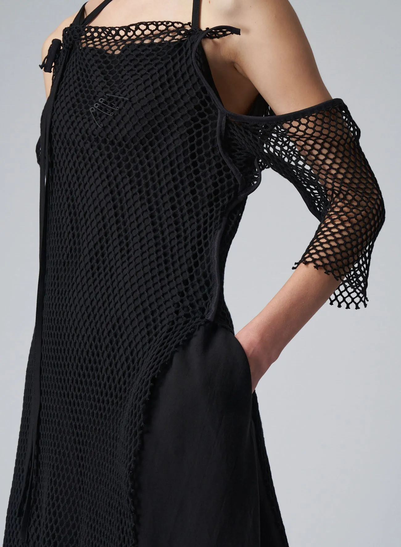 LYOCEL/CUPRO GABARDINE CAMISOLE STRAP DRESS WITH NET DETAIL