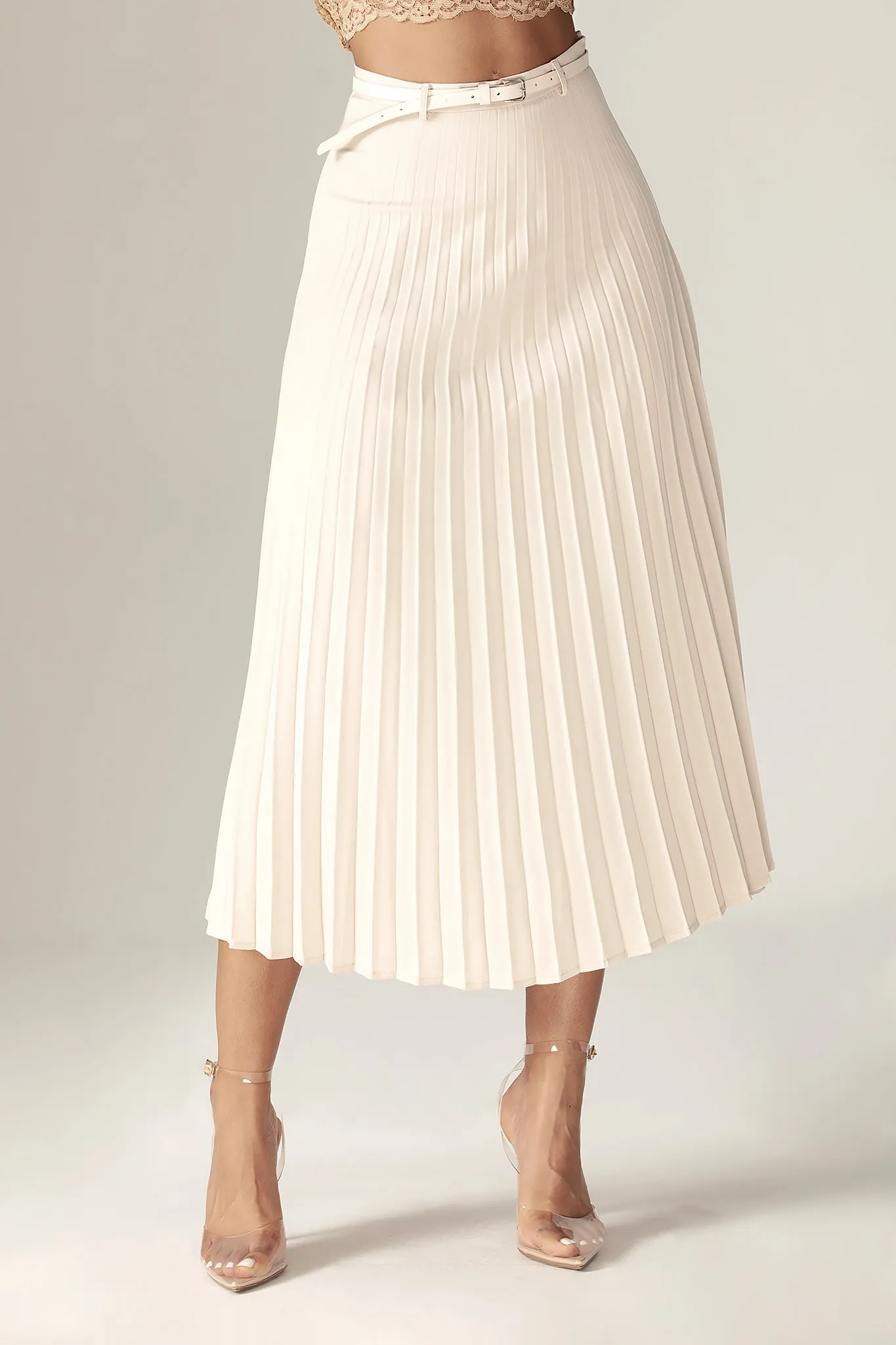 Mei pleated Midi Belted Skirt (Pale Cream)