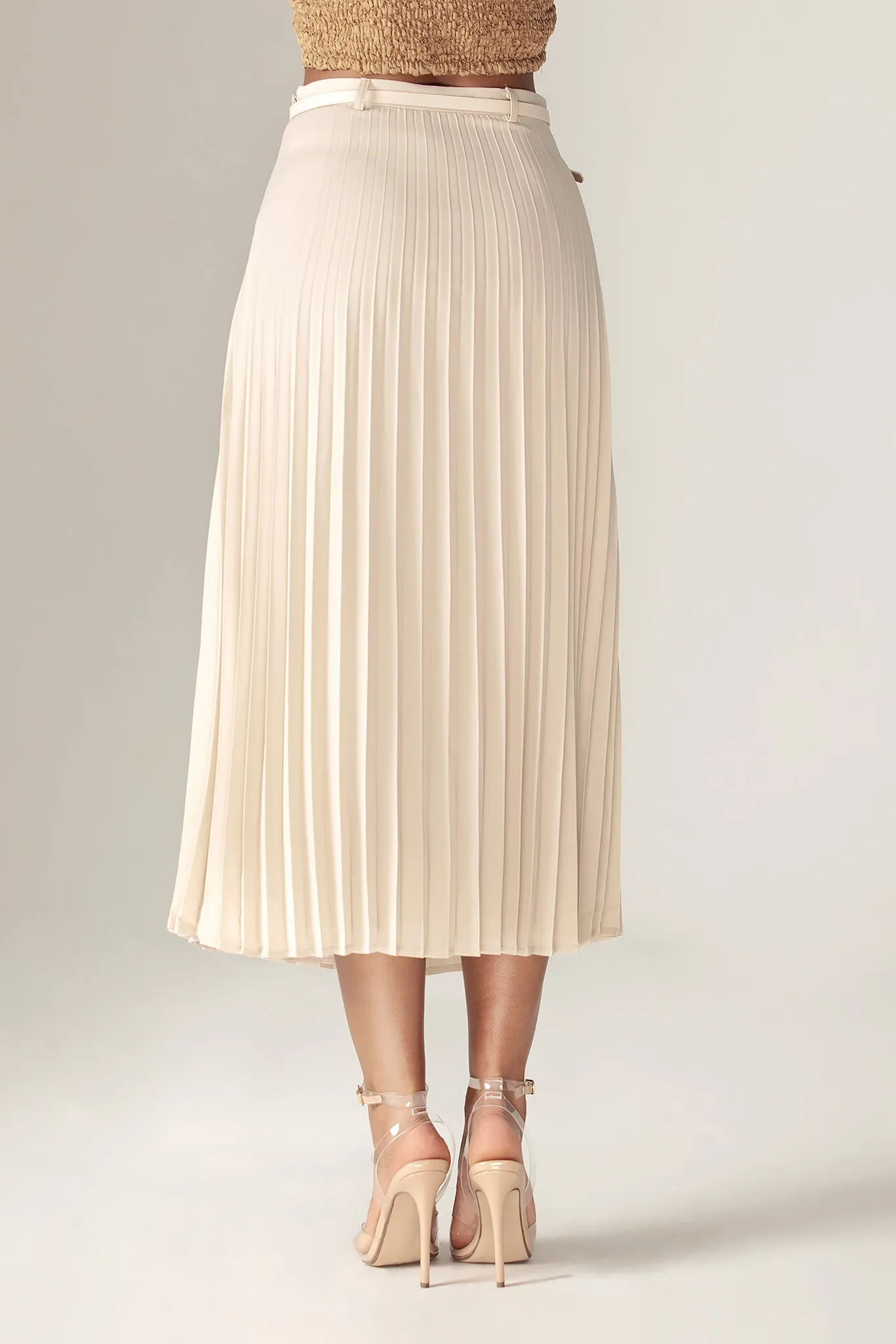 Mei pleated Midi Belted Skirt (Pale Cream)