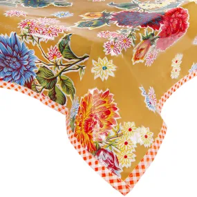 Mum Tan Oilcloth Tablecloth with Orange Gingham Trim