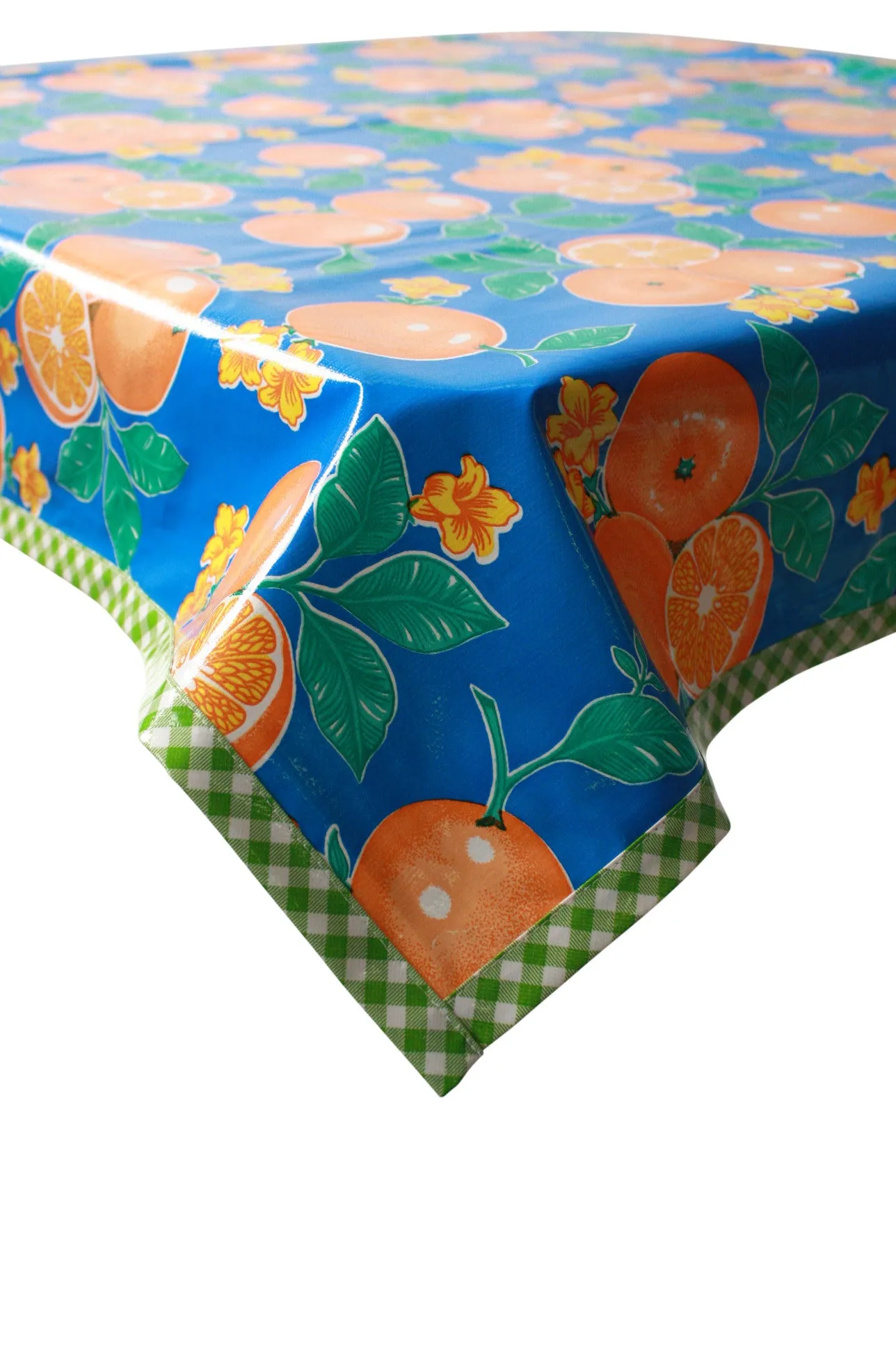 Oranges Blue Oilcloth Tablecloth with Lime Gingham Trim