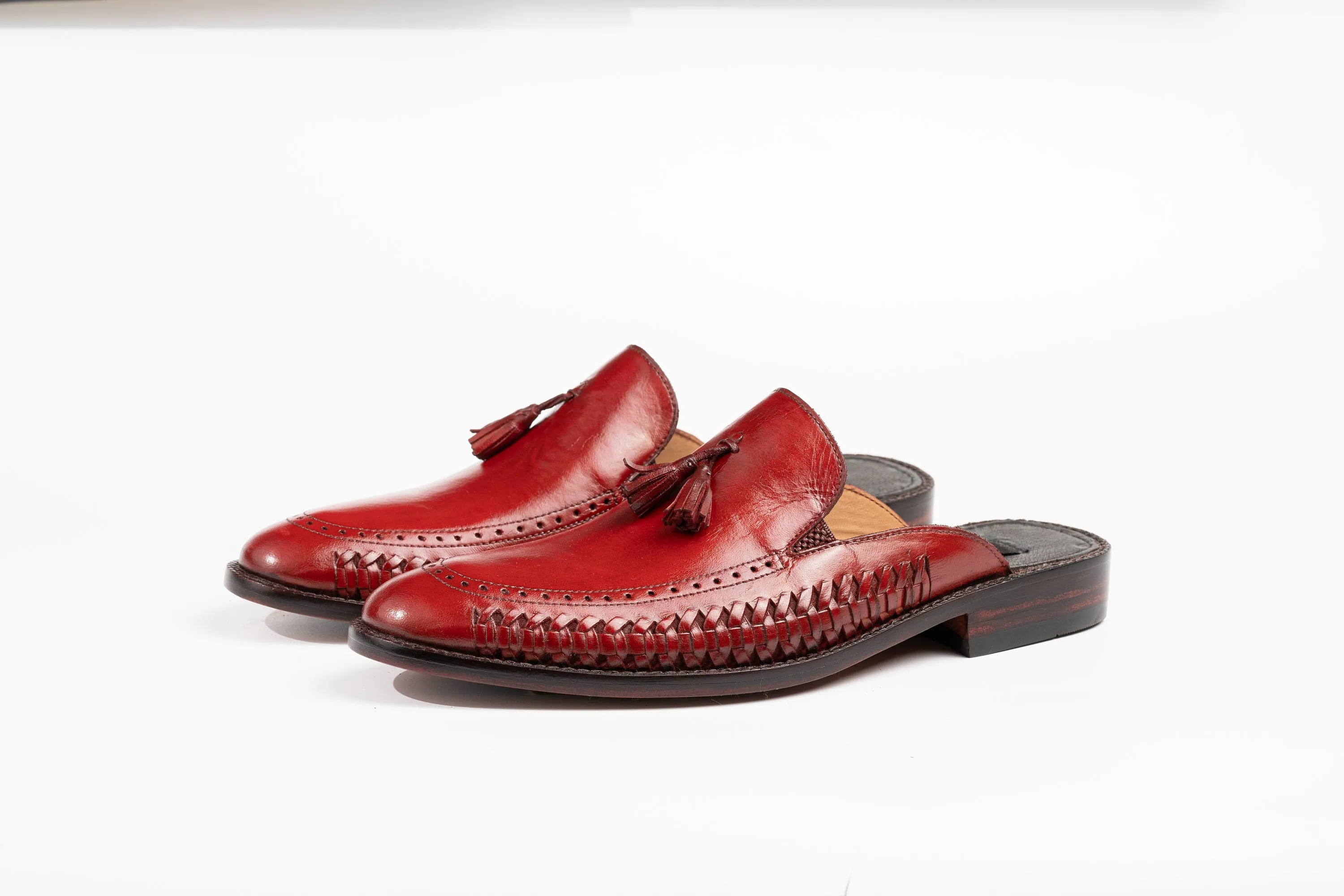 Oxblood or any Color of Your Choice Whole Cut hand weave loafer Backless Slip On Mule Cow Crust Leather Custom Made-To-Order Shoes