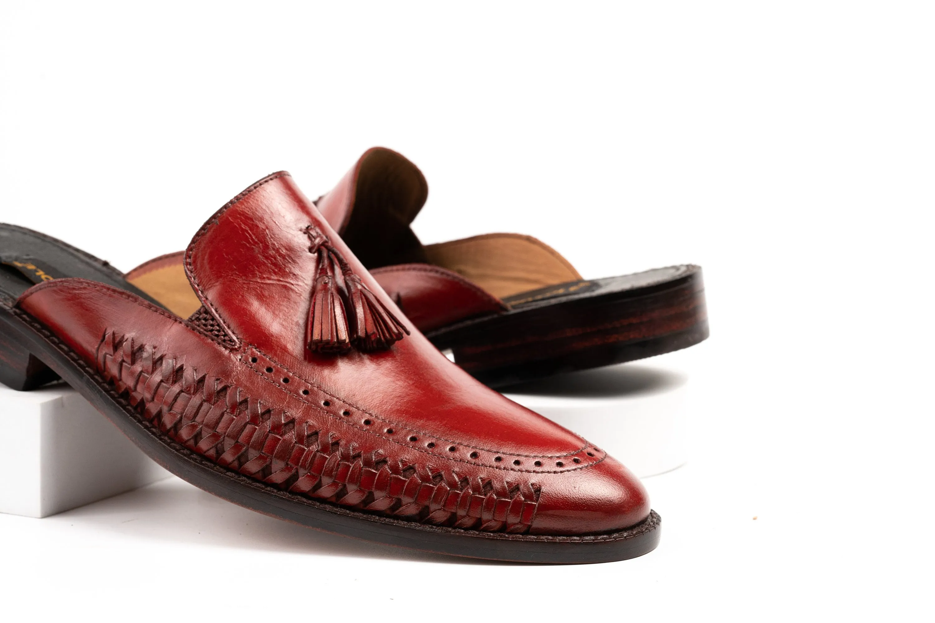 Oxblood or any Color of Your Choice Whole Cut hand weave loafer Backless Slip On Mule Cow Crust Leather Custom Made-To-Order Shoes