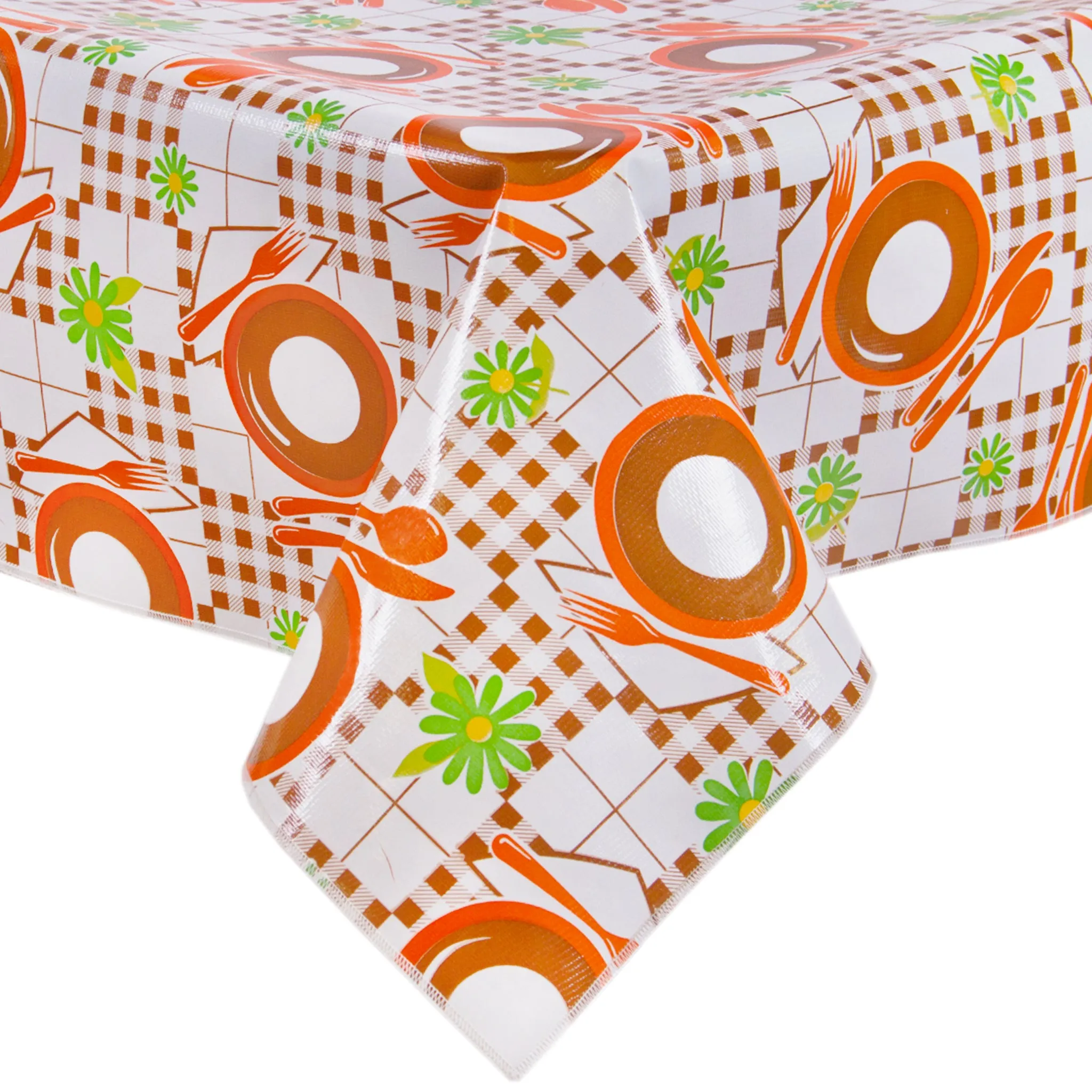 Picnic Orange and Brown Oilcloth Tablecloth with Simple Hem