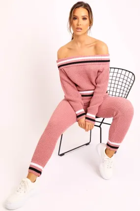 Pink Knitted Bardot Jumper Legging Loungewear Co-ord - Neala