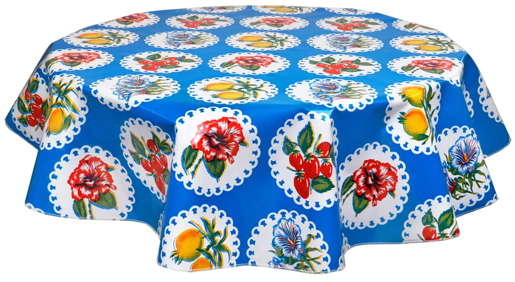 Round Oilcloth Tablecloth in Doily 2 Blue