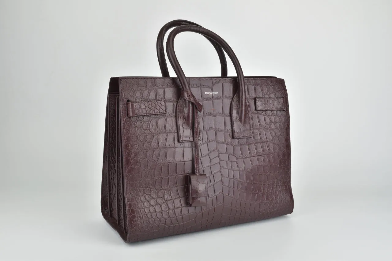 Saint Laurent Burgundy Croc Embossed Sac Du Jour Tote