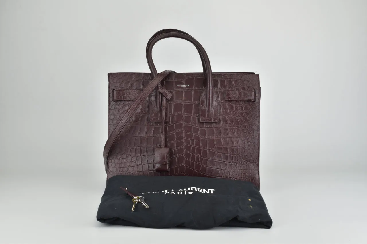 Saint Laurent Burgundy Croc Embossed Sac Du Jour Tote