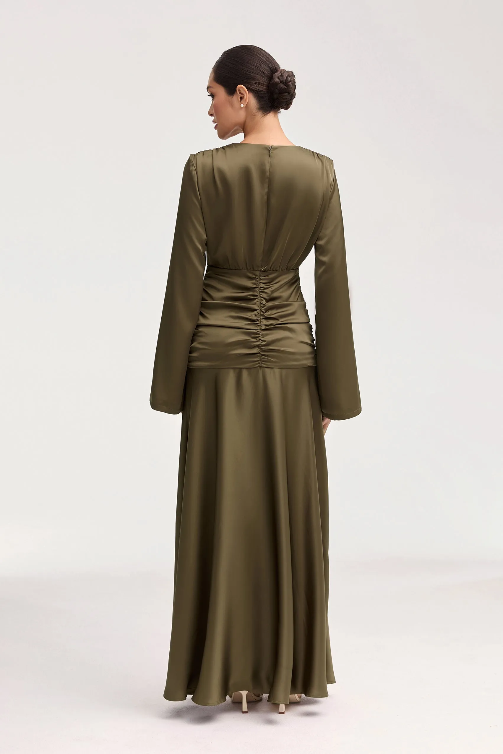 Shams Satin Side Rouched Maxi Dress - Olive