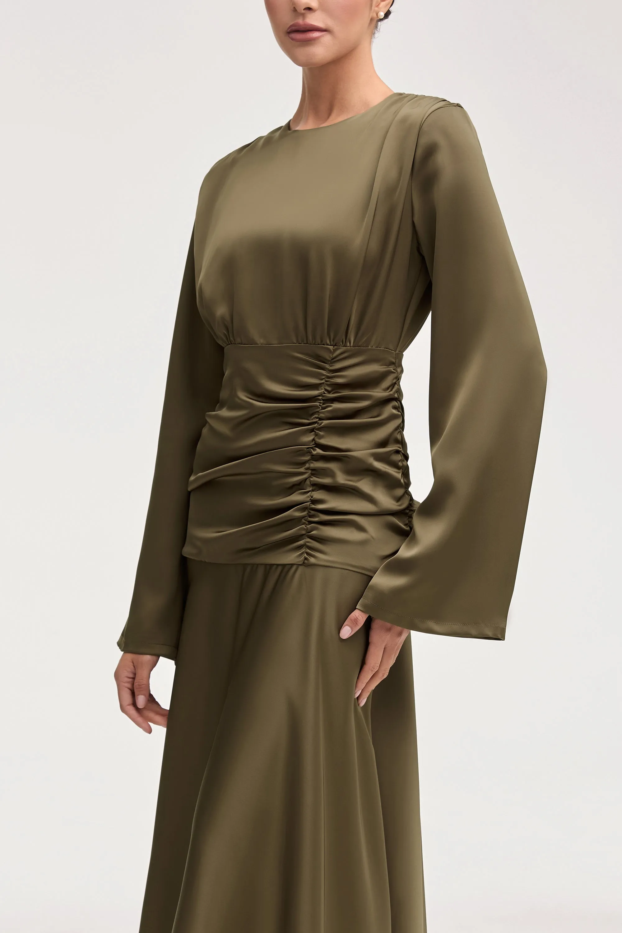 Shams Satin Side Rouched Maxi Dress - Olive