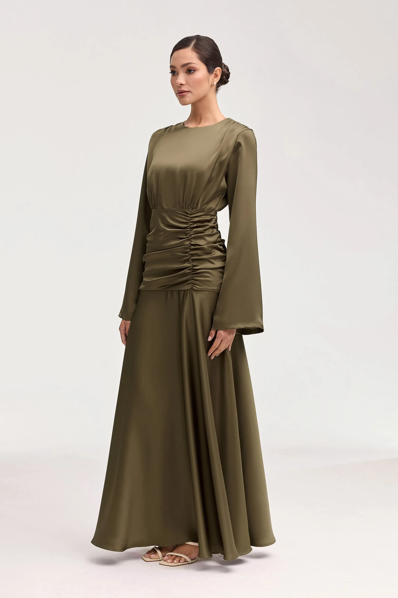 Shams Satin Side Rouched Maxi Dress - Olive