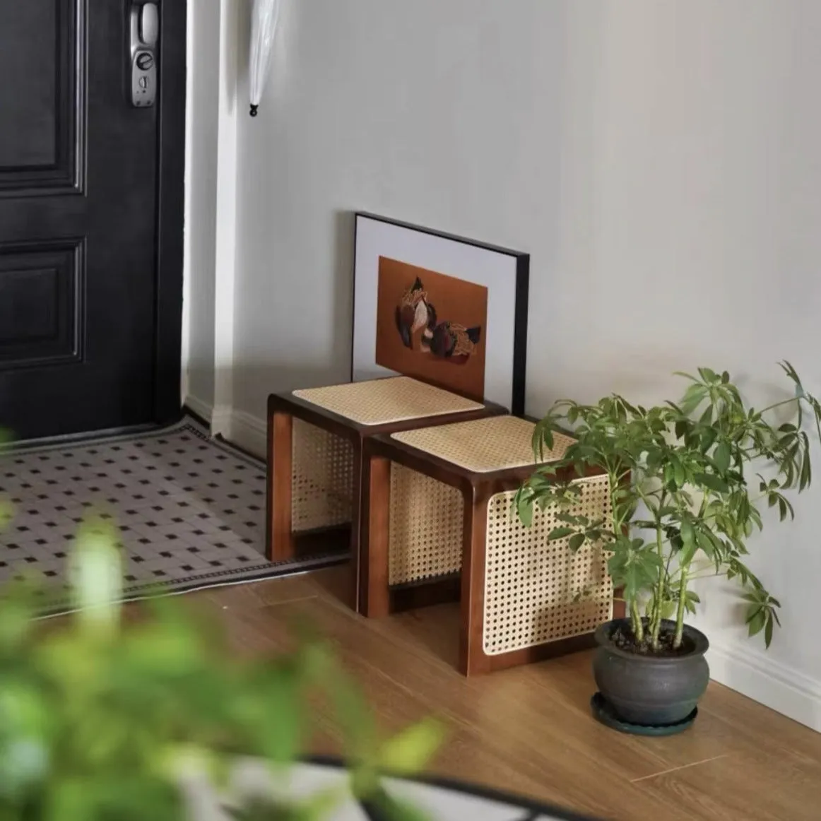 Square Wood and Rattan Side Table