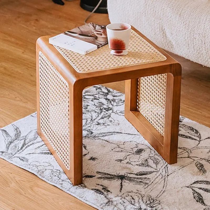 Square Wood and Rattan Side Table