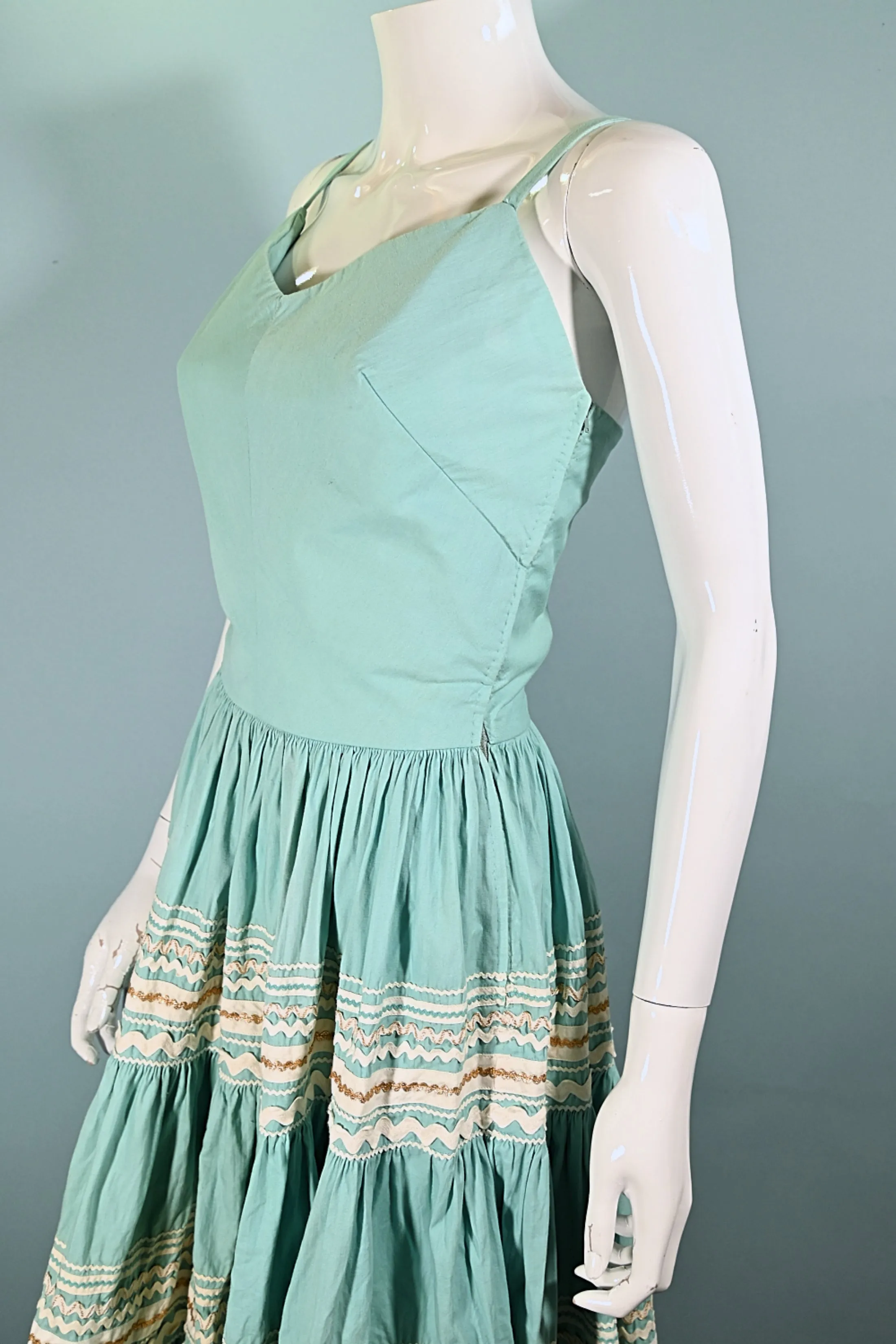 Vintage 50s Aqua Southwestern Patio Dress, Western Rockabilly Dress, Full Sweep Skirt XS