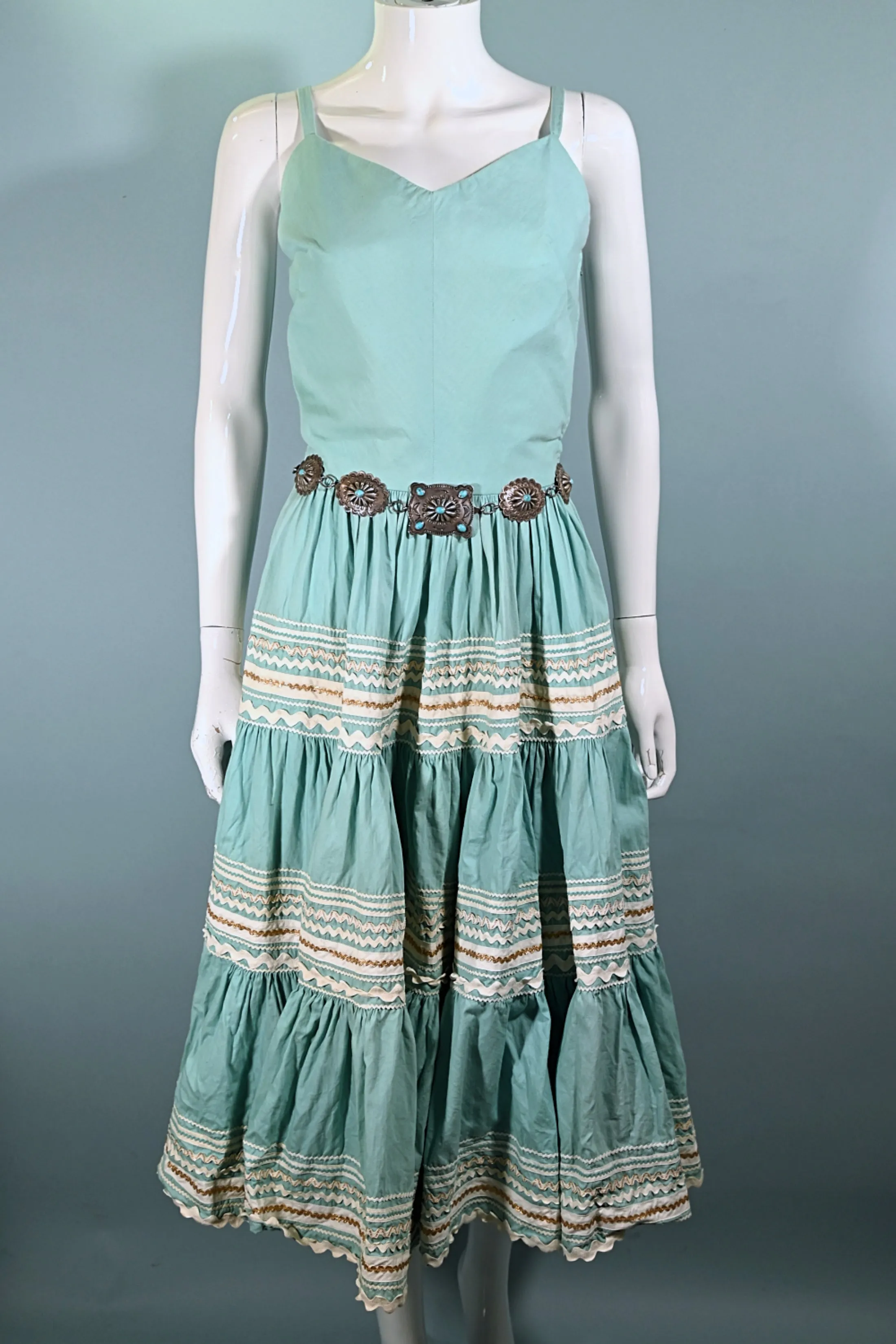 Vintage 50s Aqua Southwestern Patio Dress, Western Rockabilly Dress, Full Sweep Skirt XS