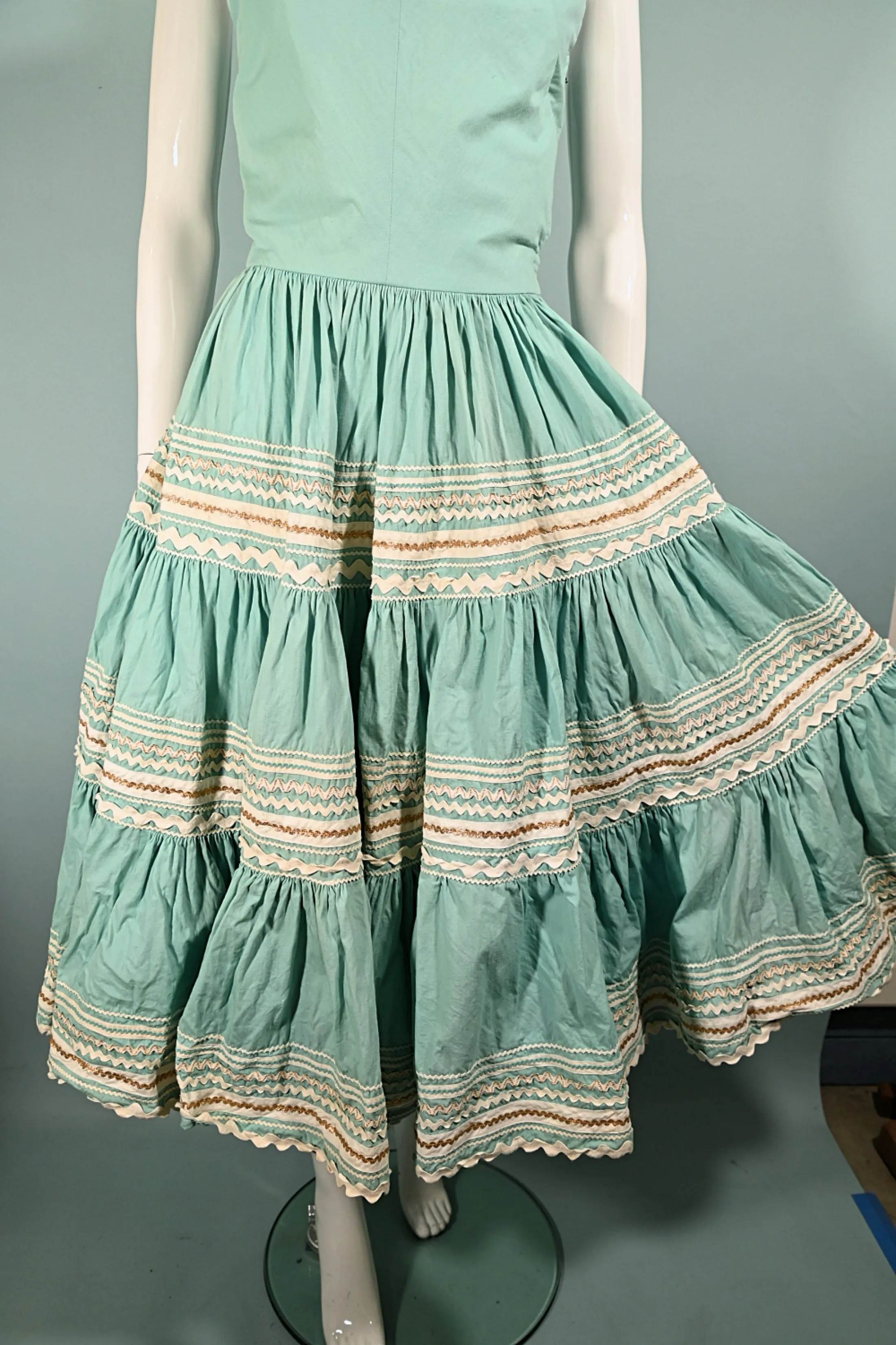 Vintage 50s Aqua Southwestern Patio Dress, Western Rockabilly Dress, Full Sweep Skirt XS