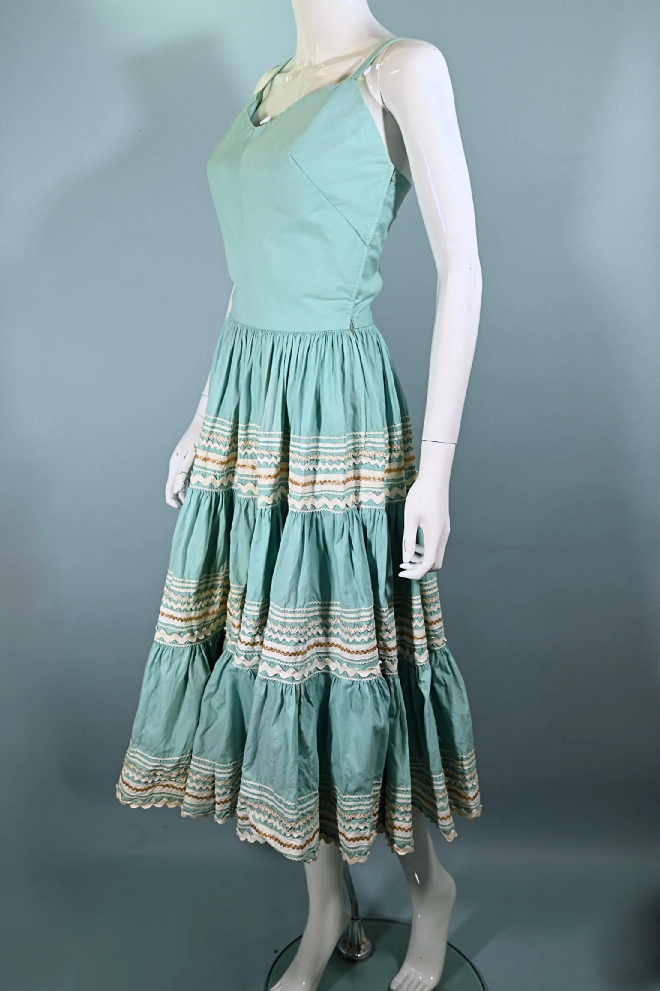 Vintage 50s Aqua Southwestern Patio Dress, Western Rockabilly Dress, Full Sweep Skirt XS