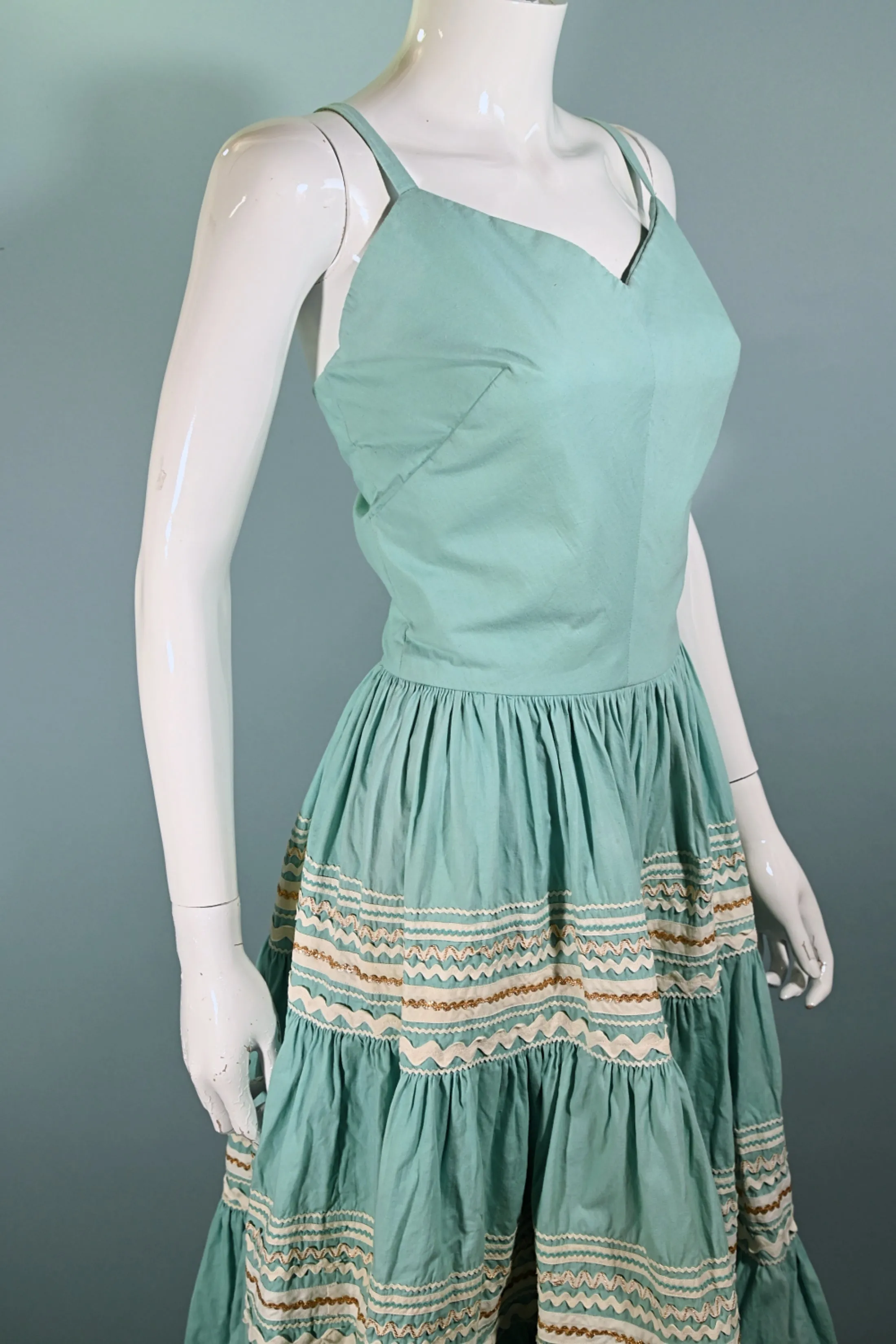 Vintage 50s Aqua Southwestern Patio Dress, Western Rockabilly Dress, Full Sweep Skirt XS