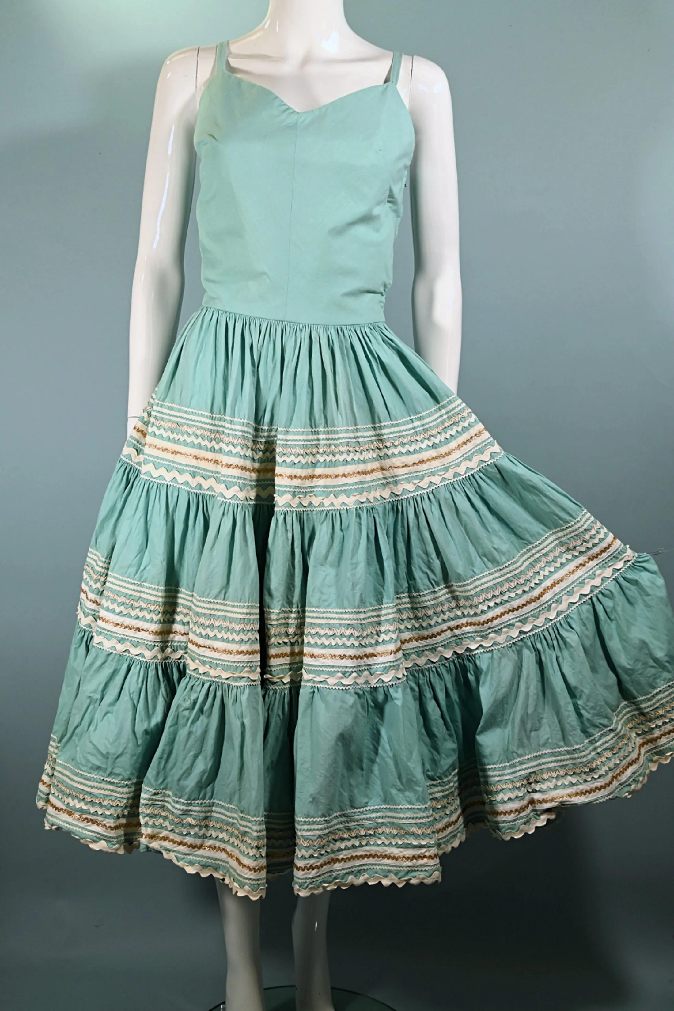 Vintage 50s Aqua Southwestern Patio Dress, Western Rockabilly Dress, Full Sweep Skirt XS