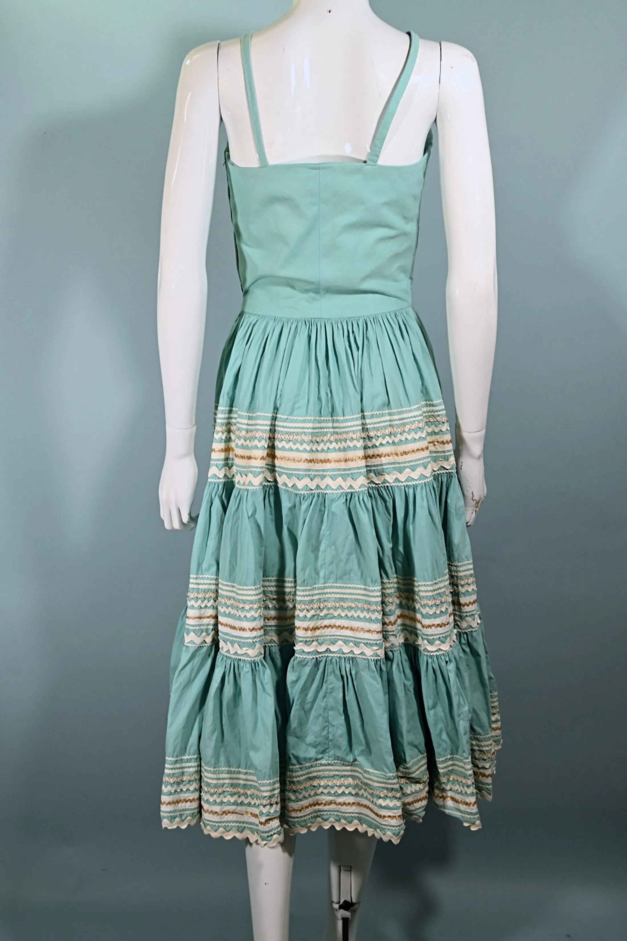 Vintage 50s Aqua Southwestern Patio Dress, Western Rockabilly Dress, Full Sweep Skirt XS