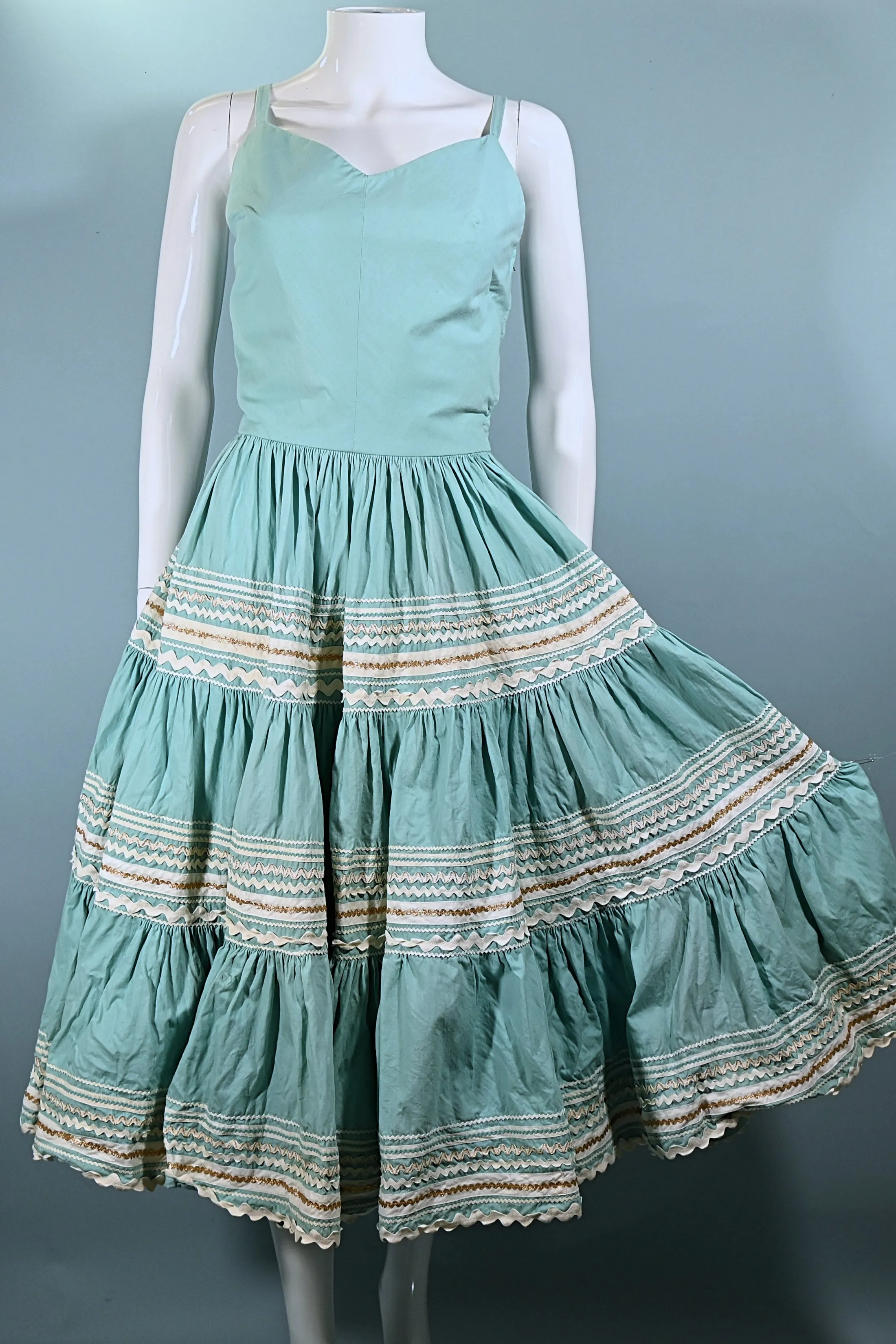 Vintage 50s Aqua Southwestern Patio Dress, Western Rockabilly Dress, Full Sweep Skirt XS