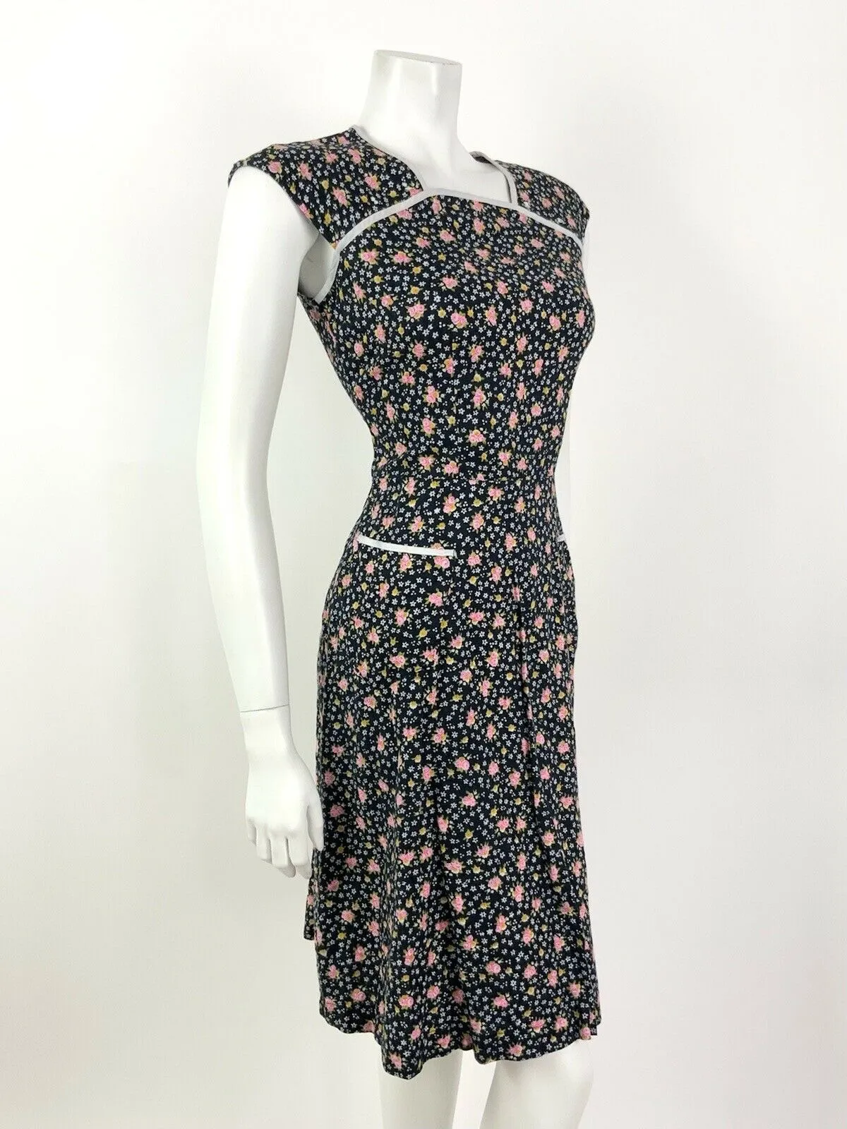 VINTAGE 60s 70s BLACK PINK WHITE DITSY FLORAL PRAIRIE DRESS 10 12