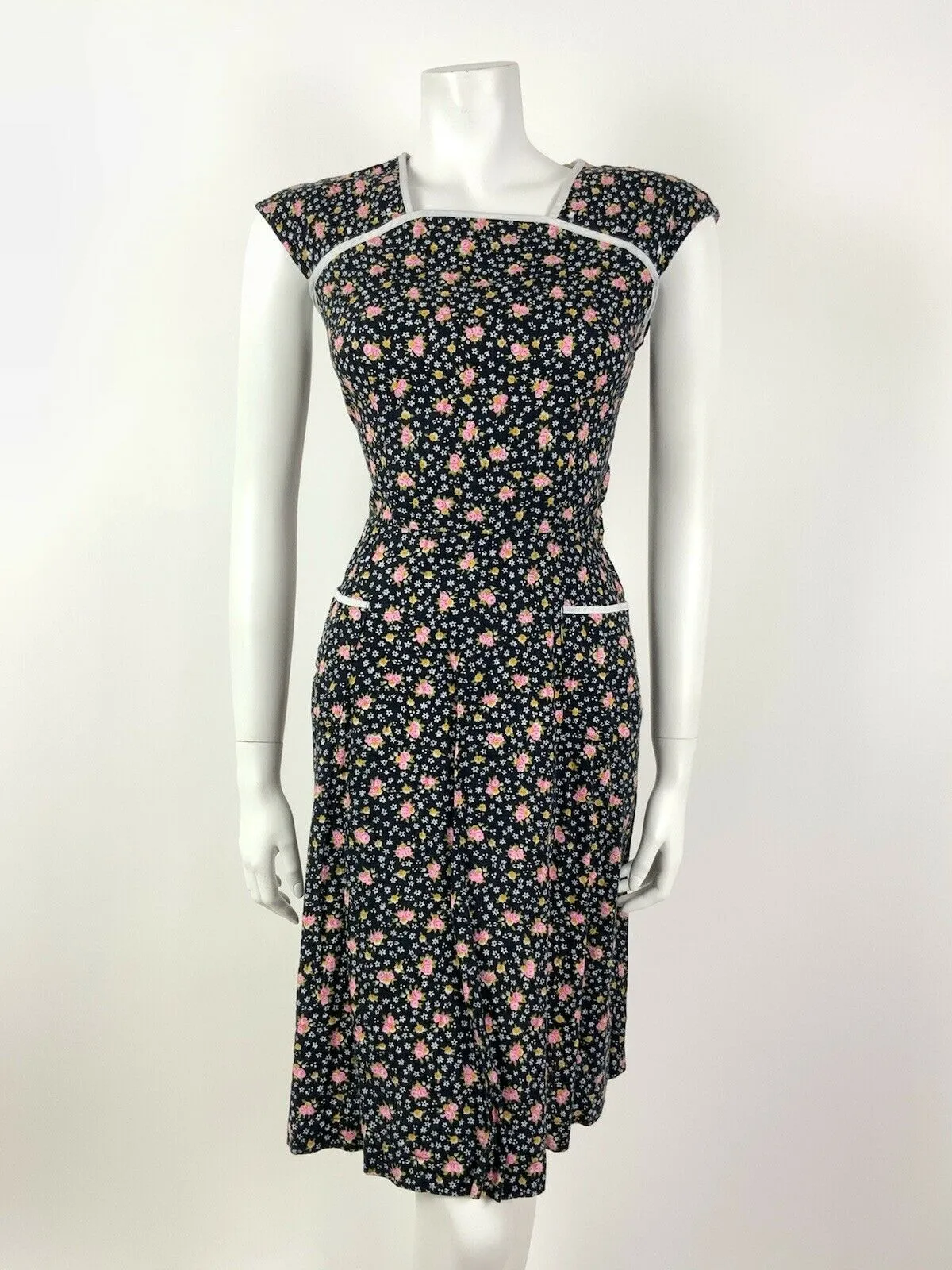 VINTAGE 60s 70s BLACK PINK WHITE DITSY FLORAL PRAIRIE DRESS 10 12