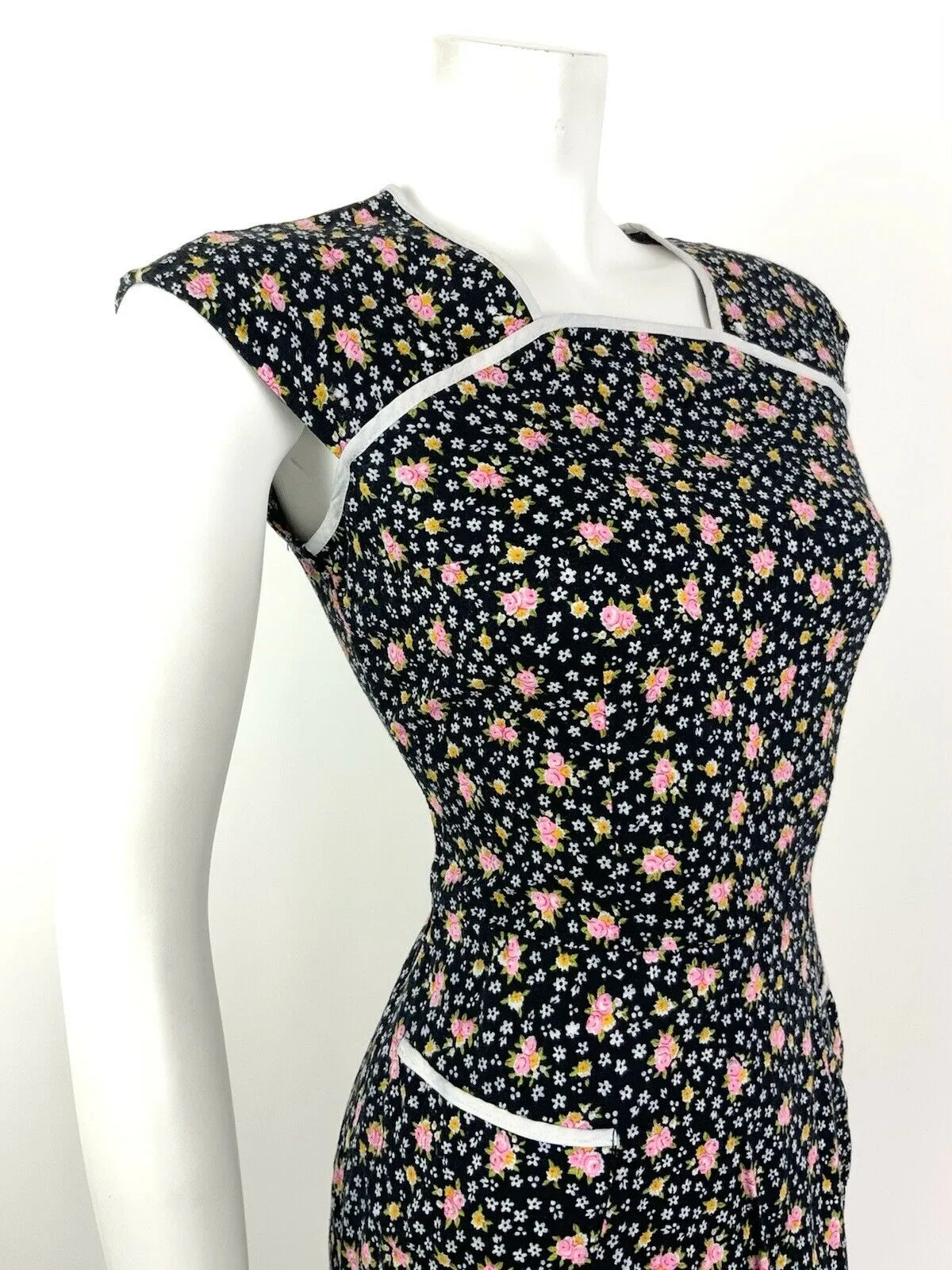 VINTAGE 60s 70s BLACK PINK WHITE DITSY FLORAL PRAIRIE DRESS 10 12