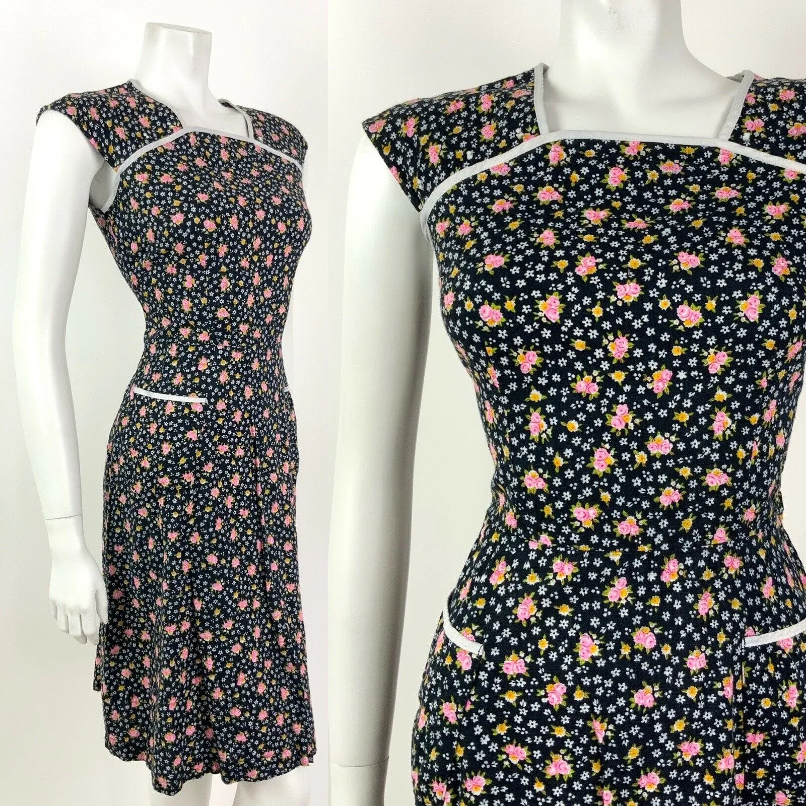 VINTAGE 60s 70s BLACK PINK WHITE DITSY FLORAL PRAIRIE DRESS 10 12