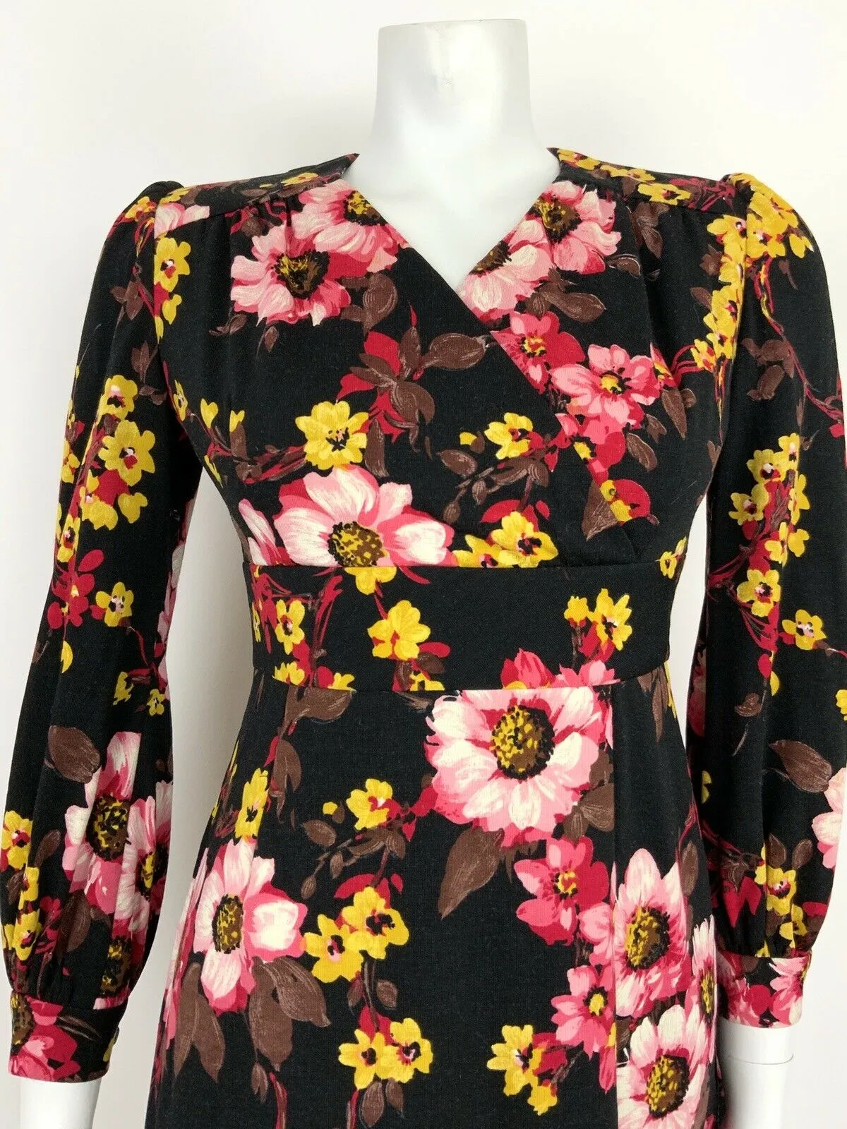 VINTAGE 60s 70s BLACK PINK YELLOW FLORAL BOHO WRAP DRESS 10 12