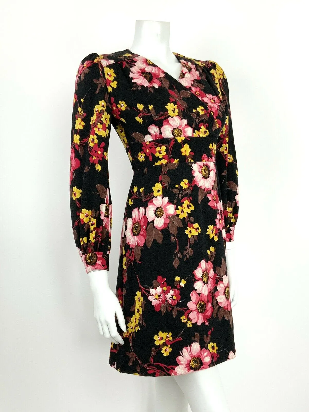 VINTAGE 60s 70s BLACK PINK YELLOW FLORAL BOHO WRAP DRESS 10 12