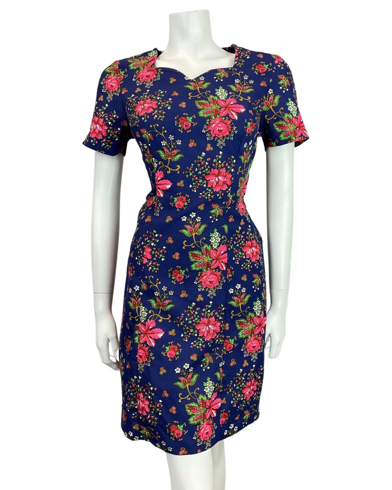 VINTAGE 60s 70s BLUE PINK GOLD GREEN FLORAL BOUQUET SWEETHEART SHORT DRESS 10