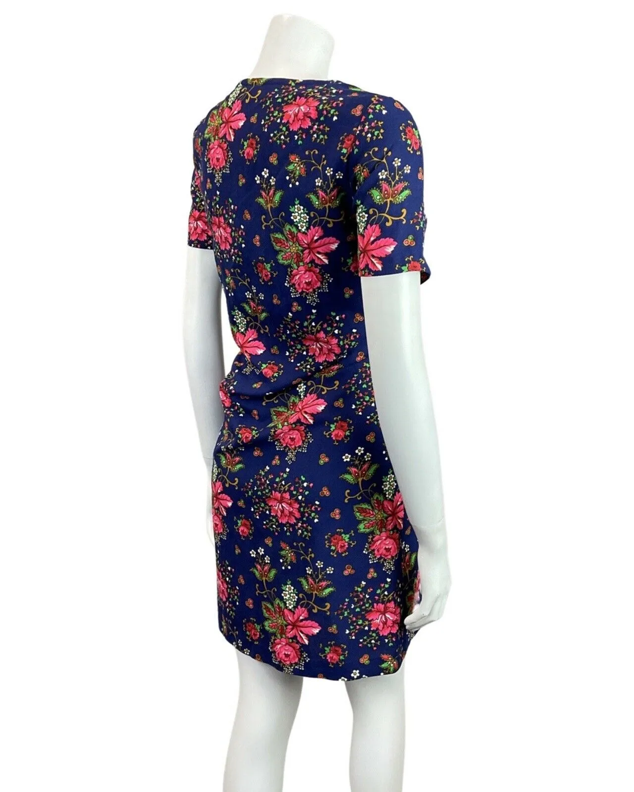 VINTAGE 60s 70s BLUE PINK GOLD GREEN FLORAL BOUQUET SWEETHEART SHORT DRESS 10