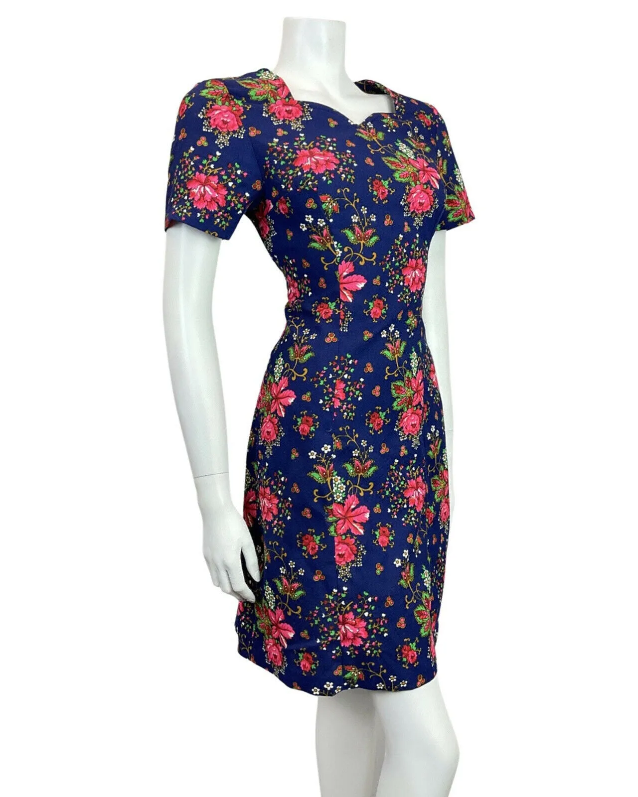 VINTAGE 60s 70s BLUE PINK GOLD GREEN FLORAL BOUQUET SWEETHEART SHORT DRESS 10