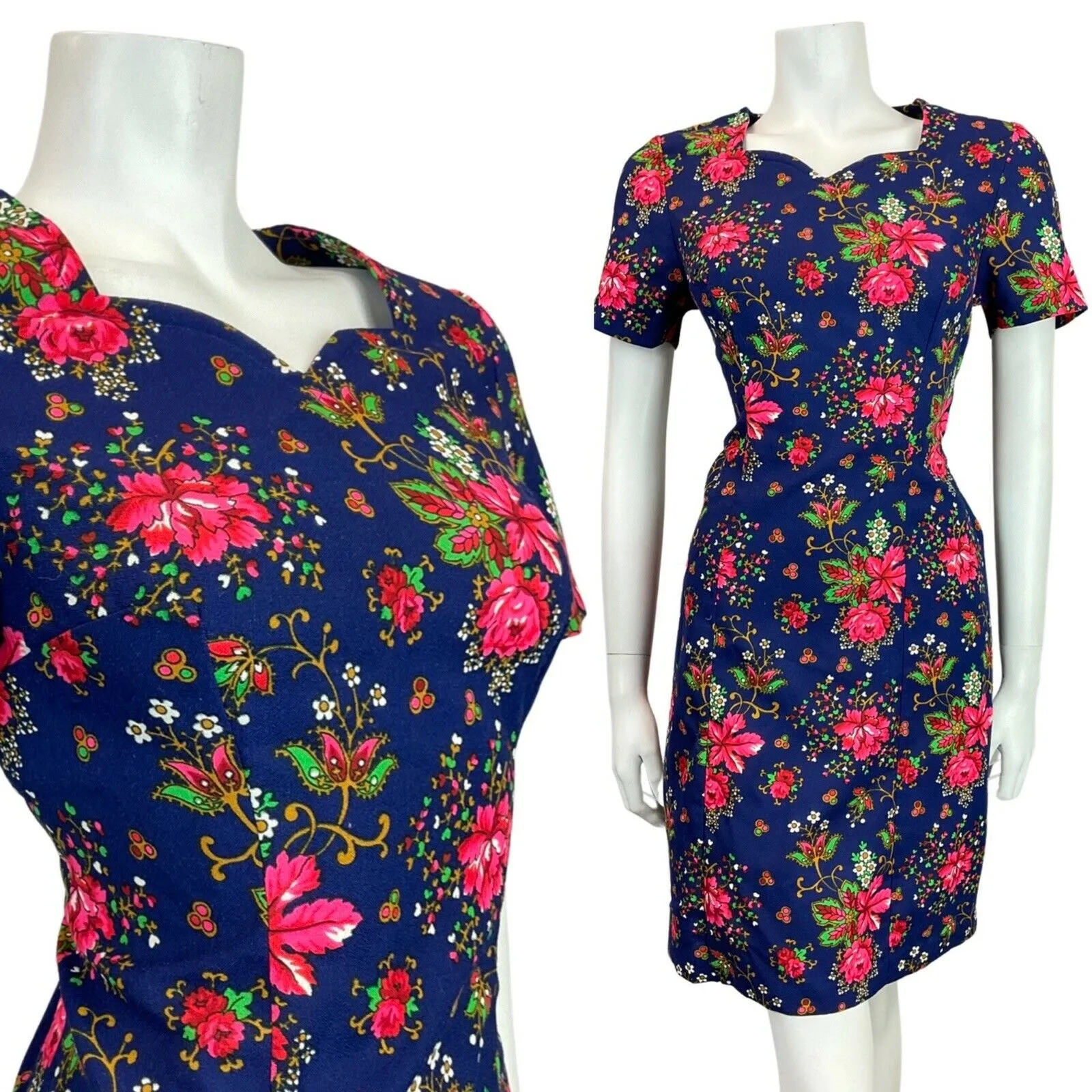 VINTAGE 60s 70s BLUE PINK GOLD GREEN FLORAL BOUQUET SWEETHEART SHORT DRESS 10