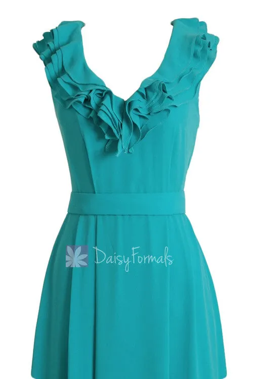 Vintage Cocktail V-neck Chiffon Bridesmaid Dress Short Cyan Turquoise Formal Dress(BM245)